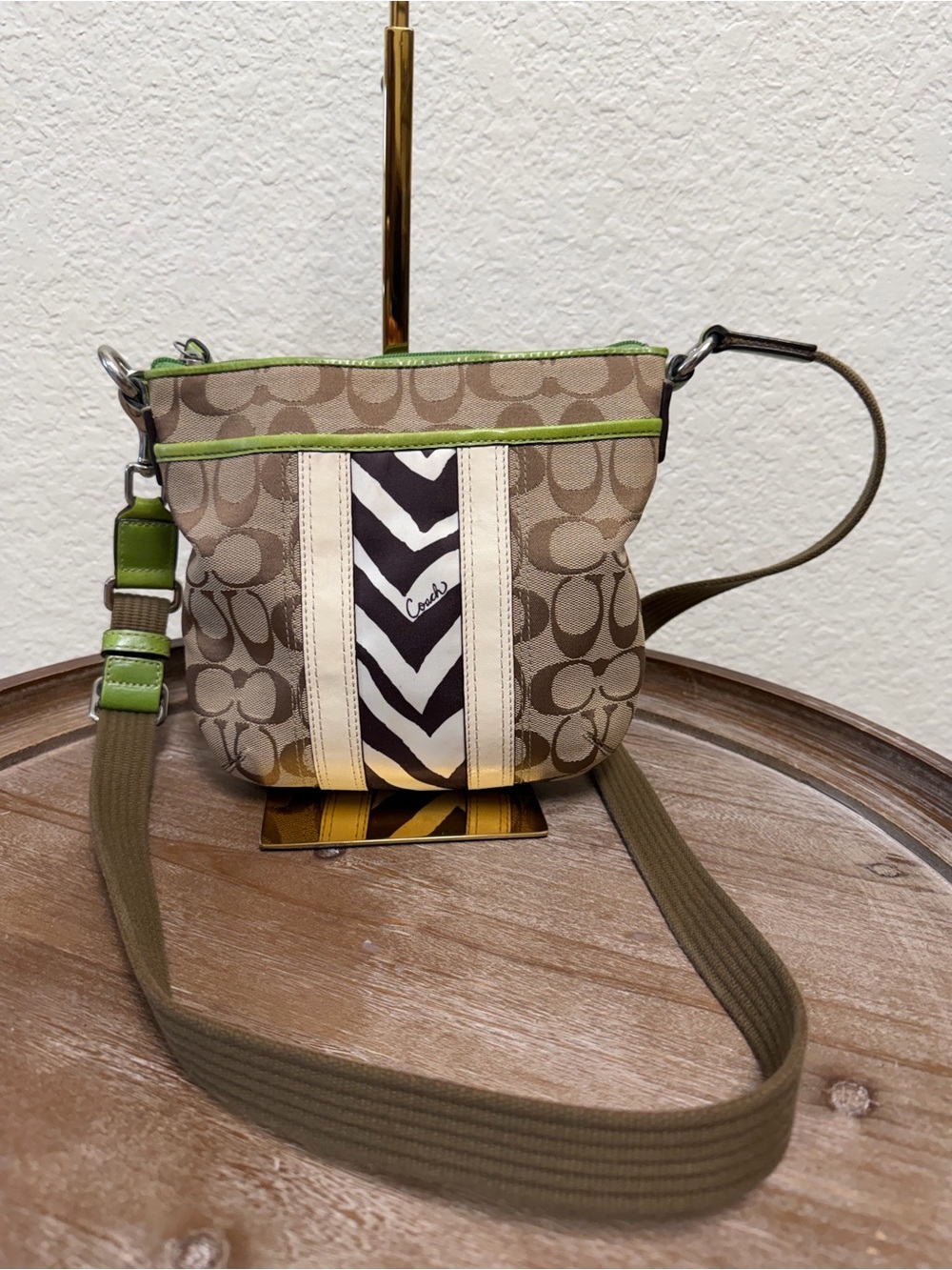 Coach Khaki Signature Crossbody with Green Trim and Zebra Stripe